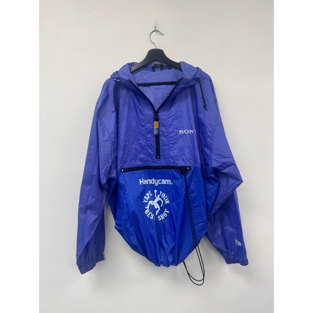 Vintage Sony‎ Handycam Jacket Mens XL Blue Hooded Nylon Anorak Windbreaker Promo